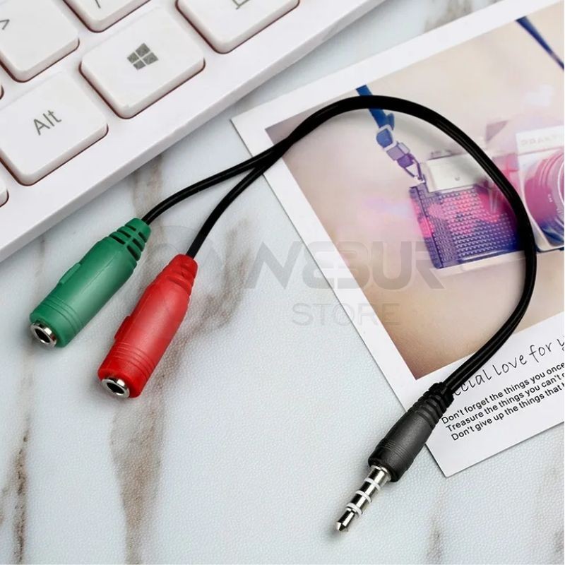 Adaptador conector splitter 2 a 1 con cable audio micrófono 3.5 mm